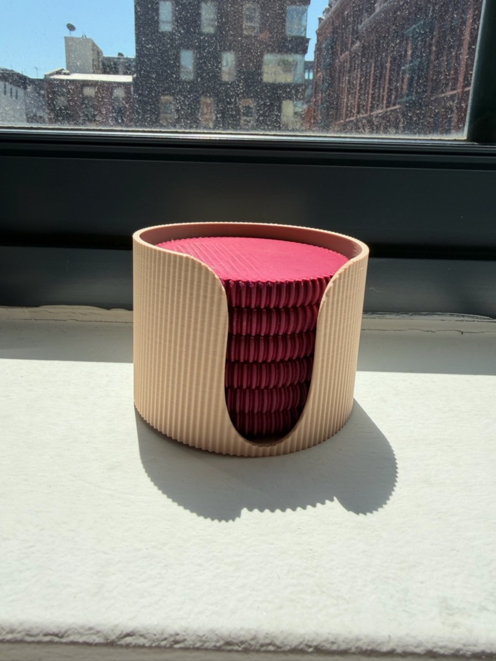 Round Ribbed Coaster Set in Beige and Deep Pink